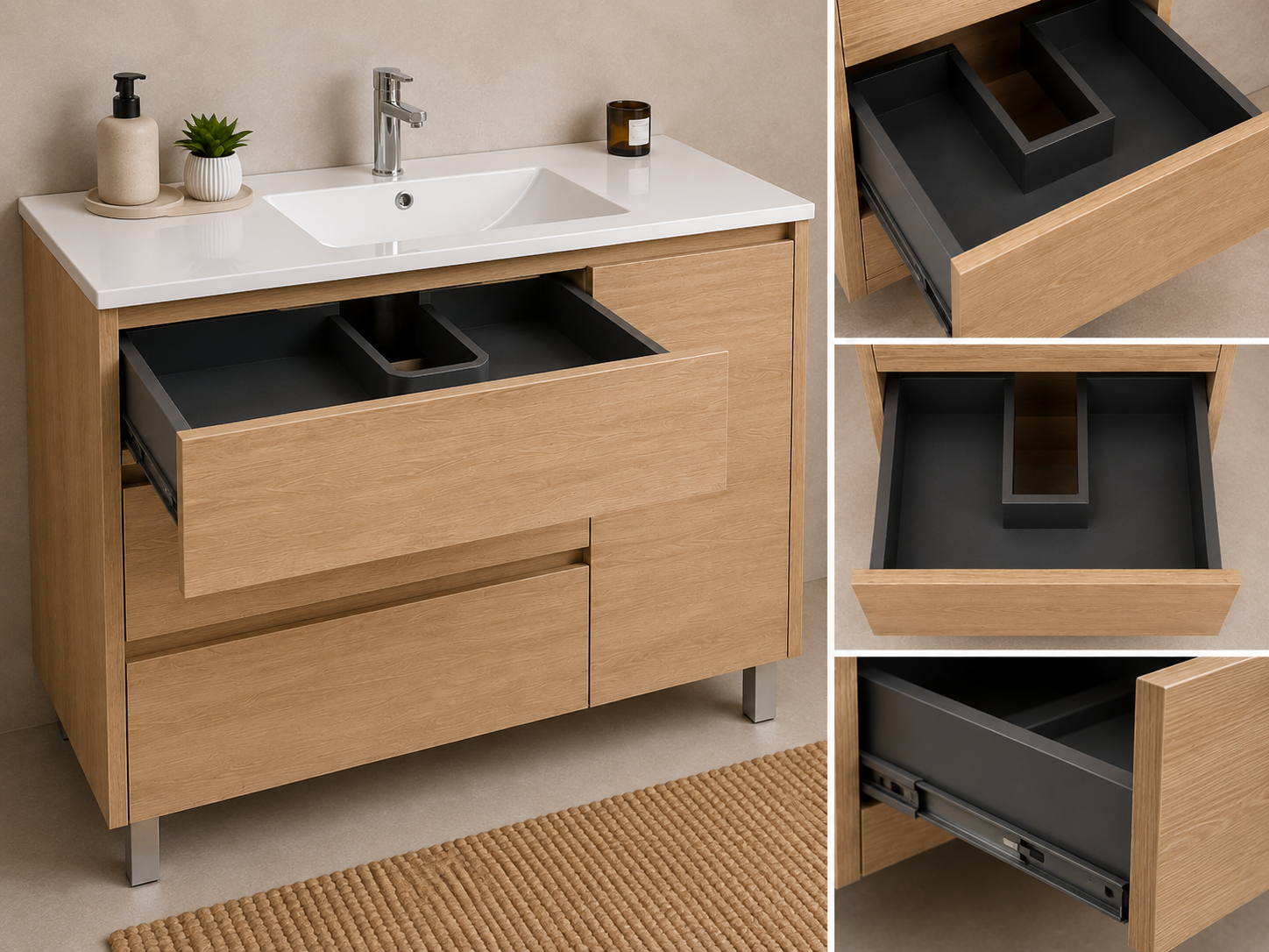 Kit mueble de baño VOLUM con lavabo + espejo LED + columna 140 cm + grifo monomando – Estepa – 80/100/120 cm