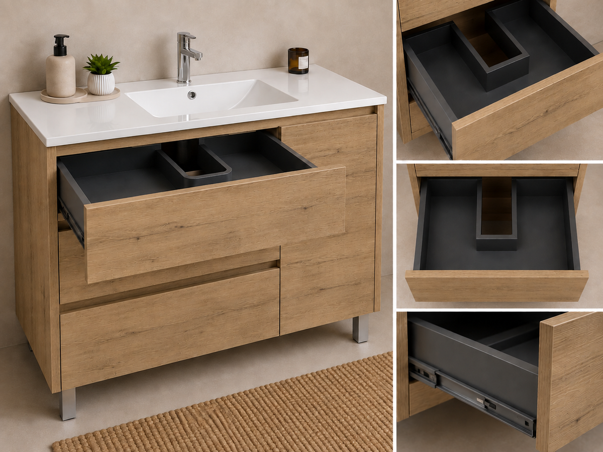 Kit mueble de baño VOLUM con lavabo + espejo LED + columna 140 cm + grifo monomando – Estepa – 80/100/120 cm