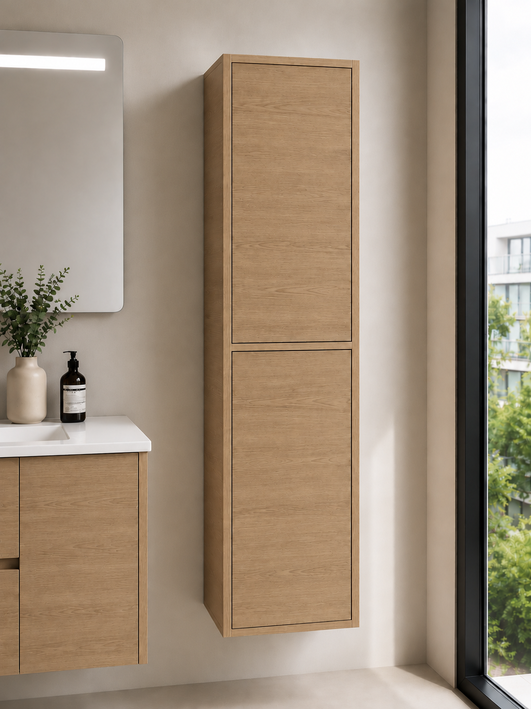 Kit mueble de baño VOLUM con lavabo + espejo LED + columna 140 cm + grifo monomando – Estepa – 80/100/120 cm