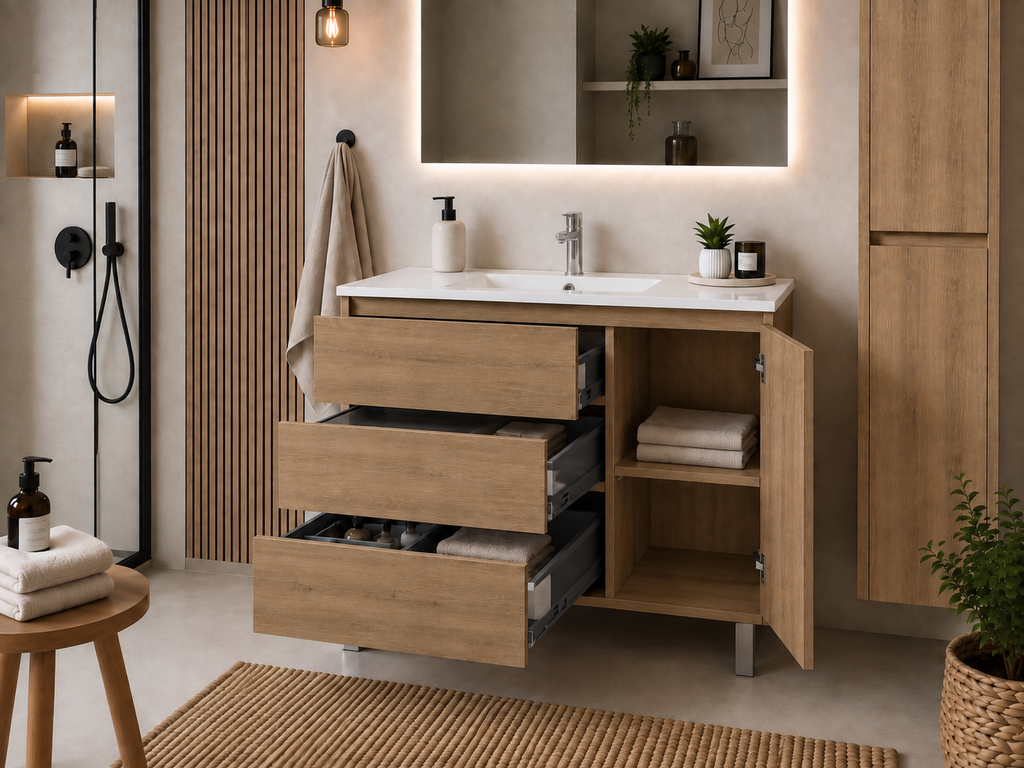 Kit mueble de baño VOLUM con lavabo + espejo LED + columna 140 cm + grifo monomando – Estepa – 80/100/120 cm
