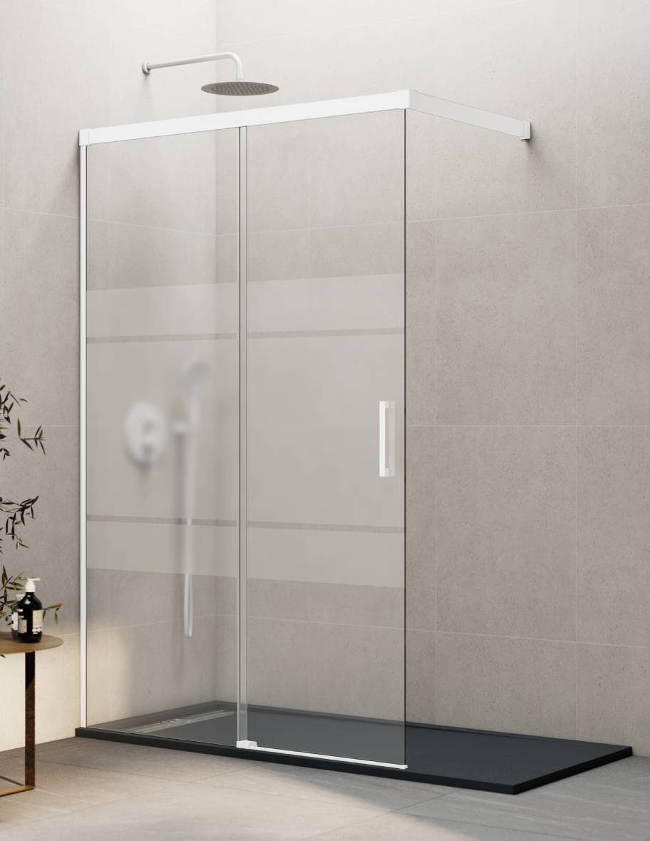Mampara de ducha Walk-in 1+1 THALASSA (BASIC) disponible en Oro, Cromo, Negro, Blanco, Niquel, Cromo, Cobre, Titanio y Cromo transparente y serigrafía.