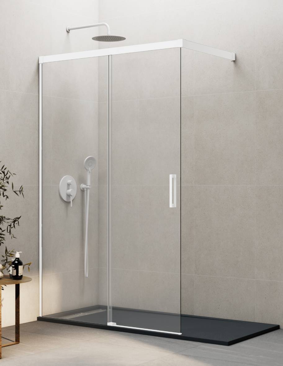 Mampara de ducha Walk-in 1+1 THALASSA (BASIC) disponible en Oro, Cromo, Negro, Blanco, Niquel, Cromo, Cobre, Titanio y Cromo transparente y serigrafía.