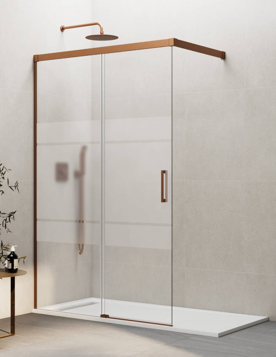 Mampara de ducha Walk-in 1+1 THALASSA (BASIC) disponible en Oro, Cromo, Negro, Blanco, Niquel, Cromo, Cobre, Titanio y Cromo transparente y serigrafía.