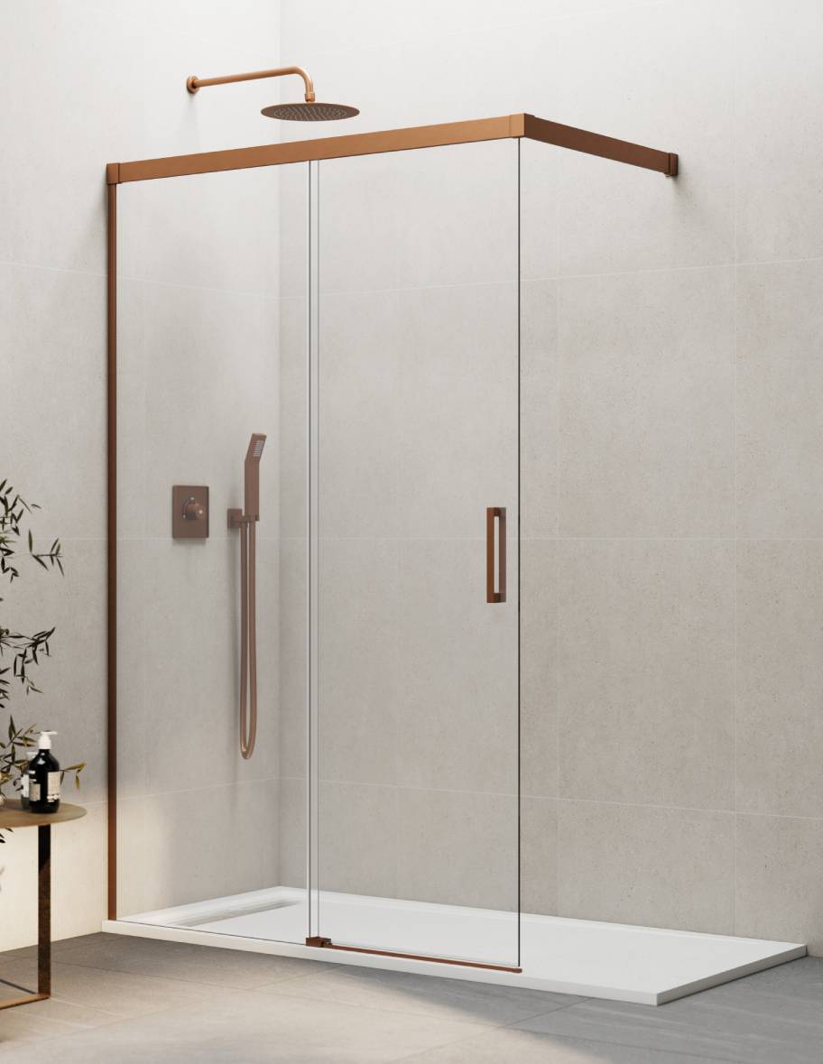 Mampara de ducha Walk-in 1+1 THALASSA (BASIC) disponible en Oro, Cromo, Negro, Blanco, Niquel, Cromo, Cobre, Titanio y Cromo transparente y serigrafía.