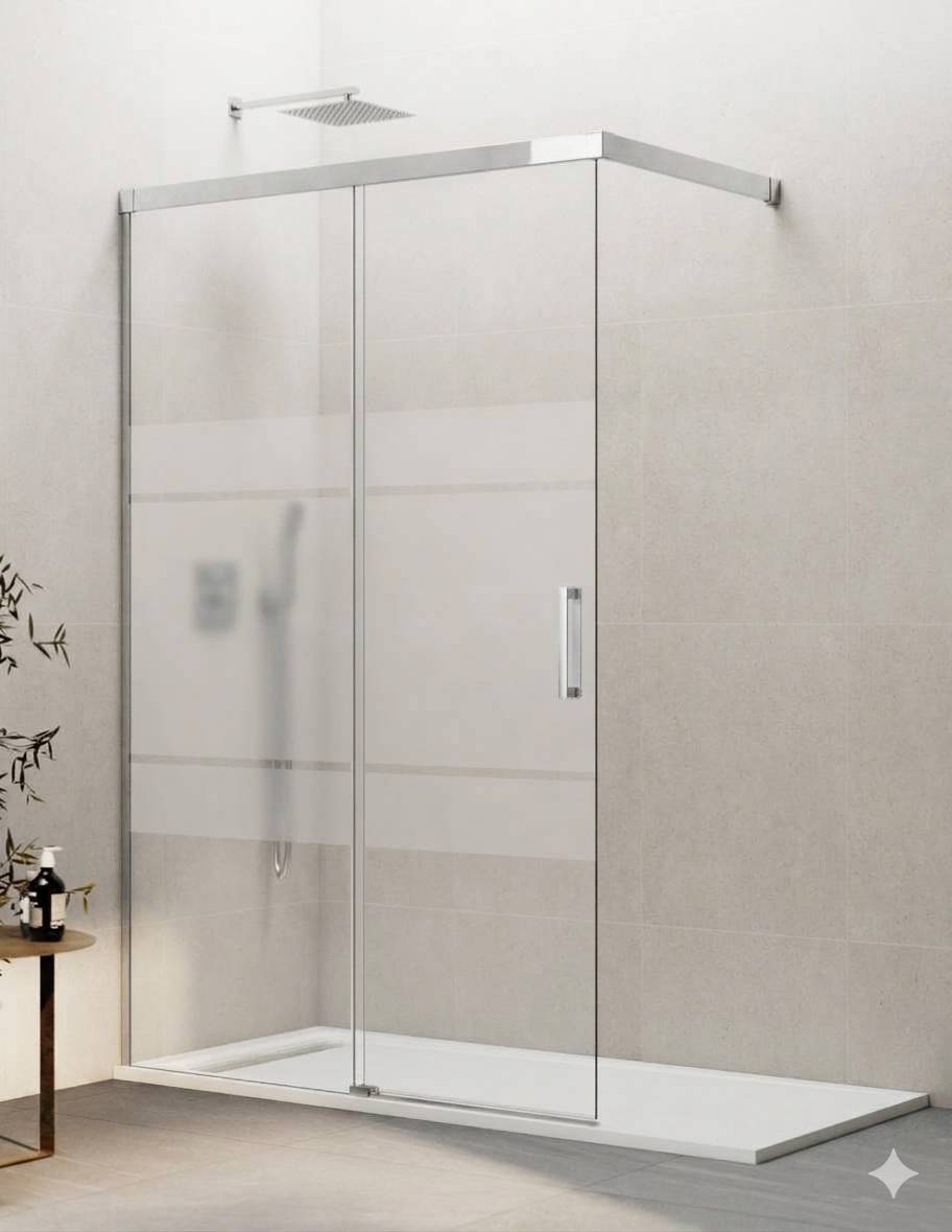 Mampara de ducha Walk-in 1+1 THALASSA (BASIC) disponible en Oro, Cromo, Negro, Blanco, Niquel, Cromo, Cobre, Titanio y Cromo transparente y serigrafía.