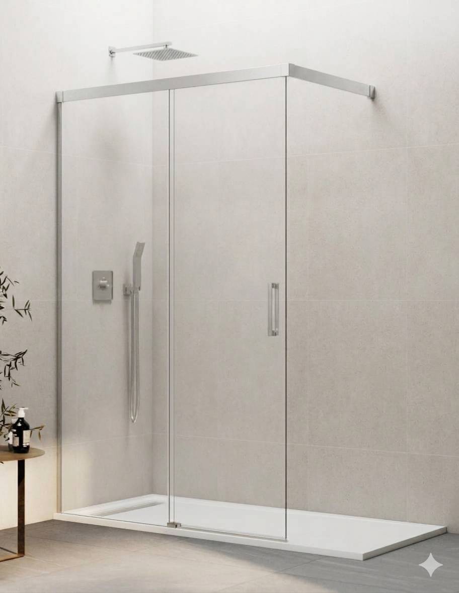 Mampara de ducha Walk-in 1+1 THALASSA (BASIC) disponible en Oro, Cromo, Negro, Blanco, Niquel, Cromo, Cobre, Titanio y Cromo transparente y serigrafía.