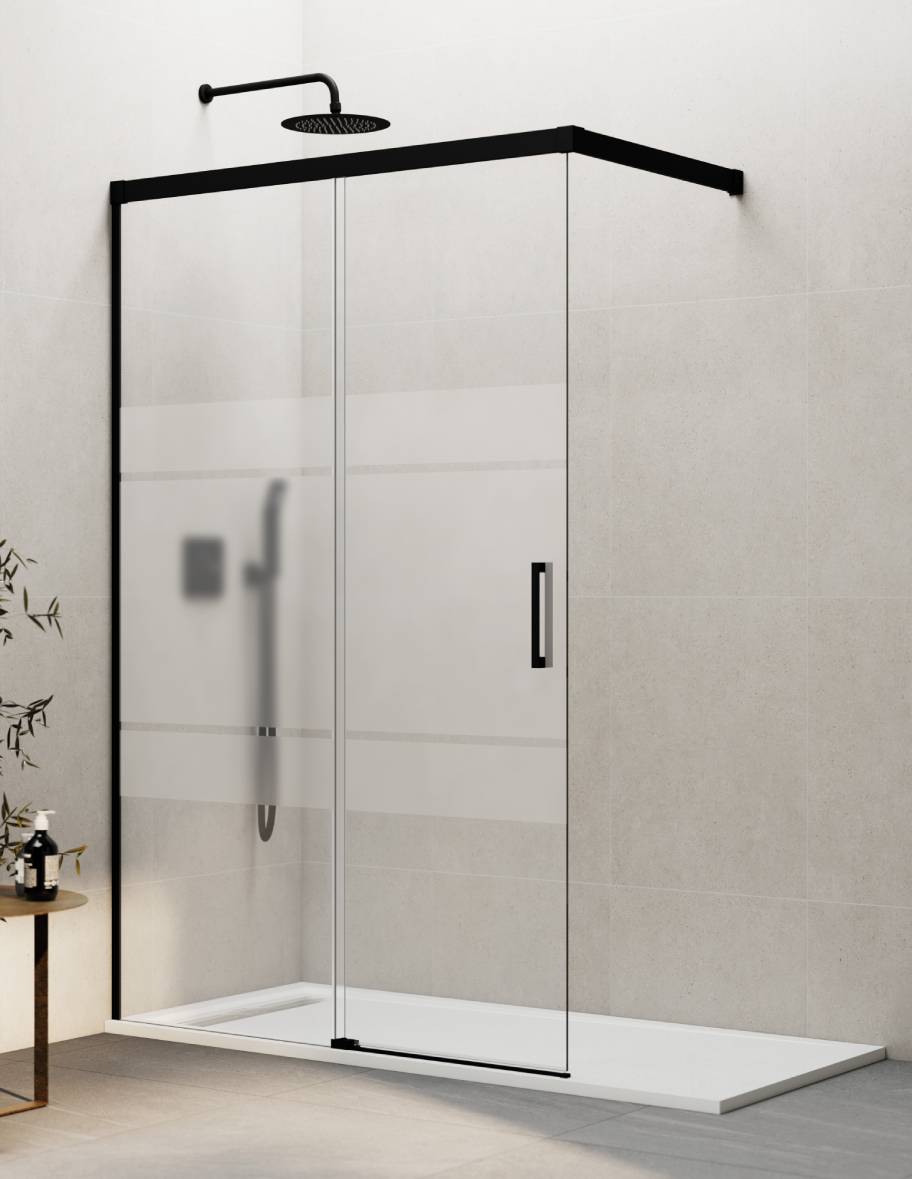 Mampara de ducha Walk-in 1+1 THALASSA (BASIC) disponible en Oro, Cromo, Negro, Blanco, Niquel, Cromo, Cobre, Titanio y Cromo transparente y serigrafía.