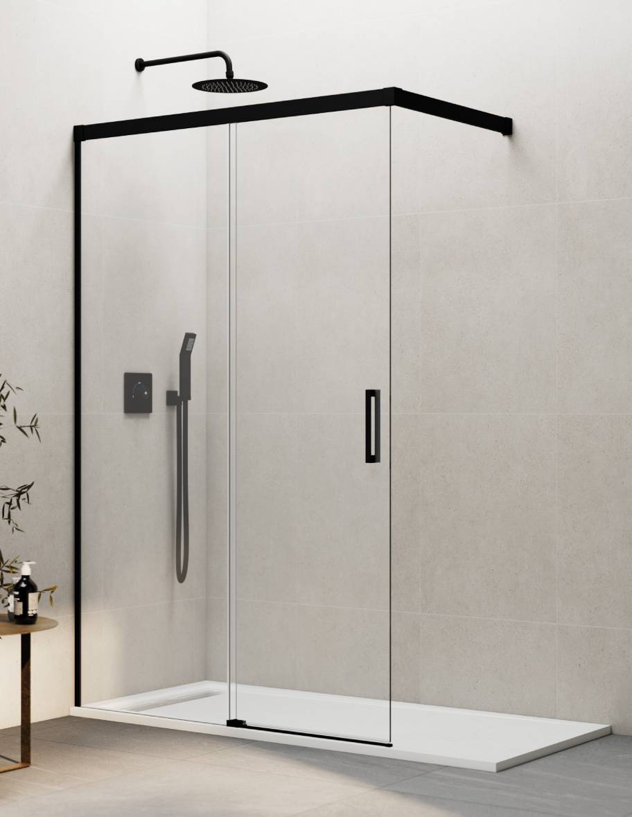 Mampara de ducha Walk-in 1+1 THALASSA (BASIC) disponible en Oro, Cromo, Negro, Blanco, Niquel, Cromo, Cobre, Titanio y Cromo transparente y serigrafía.