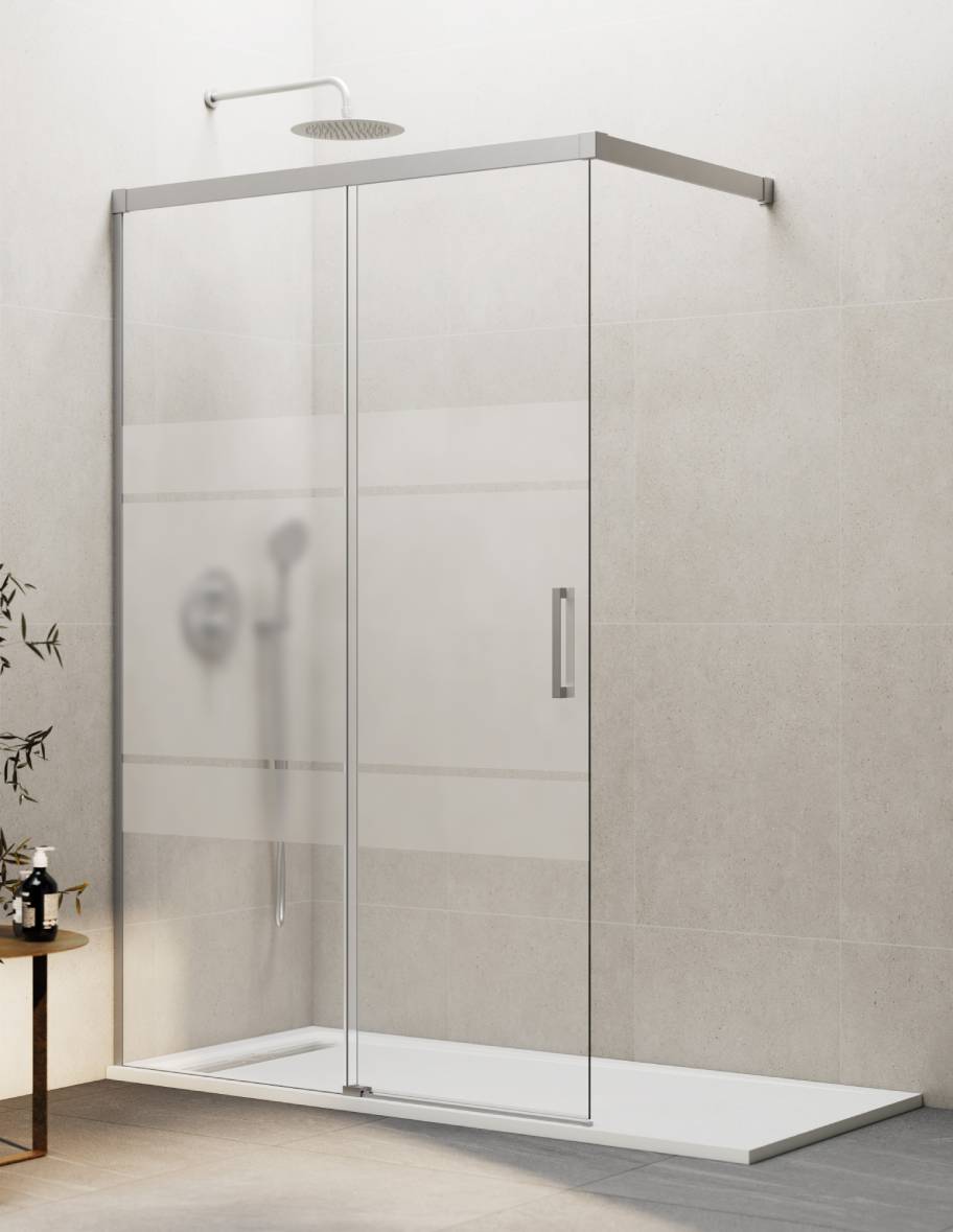 Mampara de ducha Walk-in 1+1 THALASSA (BASIC) disponible en Oro, Cromo, Negro, Blanco, Niquel, Cromo, Cobre, Titanio y Cromo transparente y serigrafía.