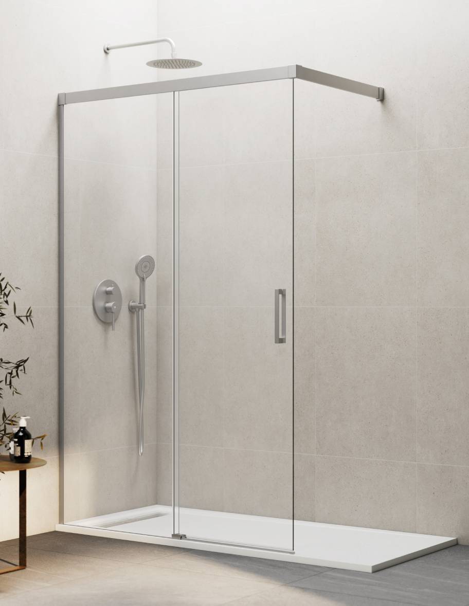 Mampara de ducha Walk-in 1+1 THALASSA (BASIC) disponible en Oro, Cromo, Negro, Blanco, Niquel, Cromo, Cobre, Titanio y Cromo transparente y serigrafía.
