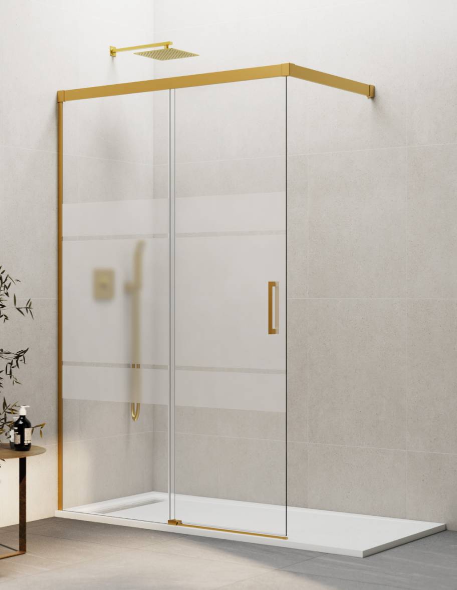 Mampara de ducha Walk-in 1+1 THALASSA (BASIC) disponible en Oro, Cromo, Negro, Blanco, Niquel, Cromo, Cobre, Titanio y Cromo transparente y serigrafía.