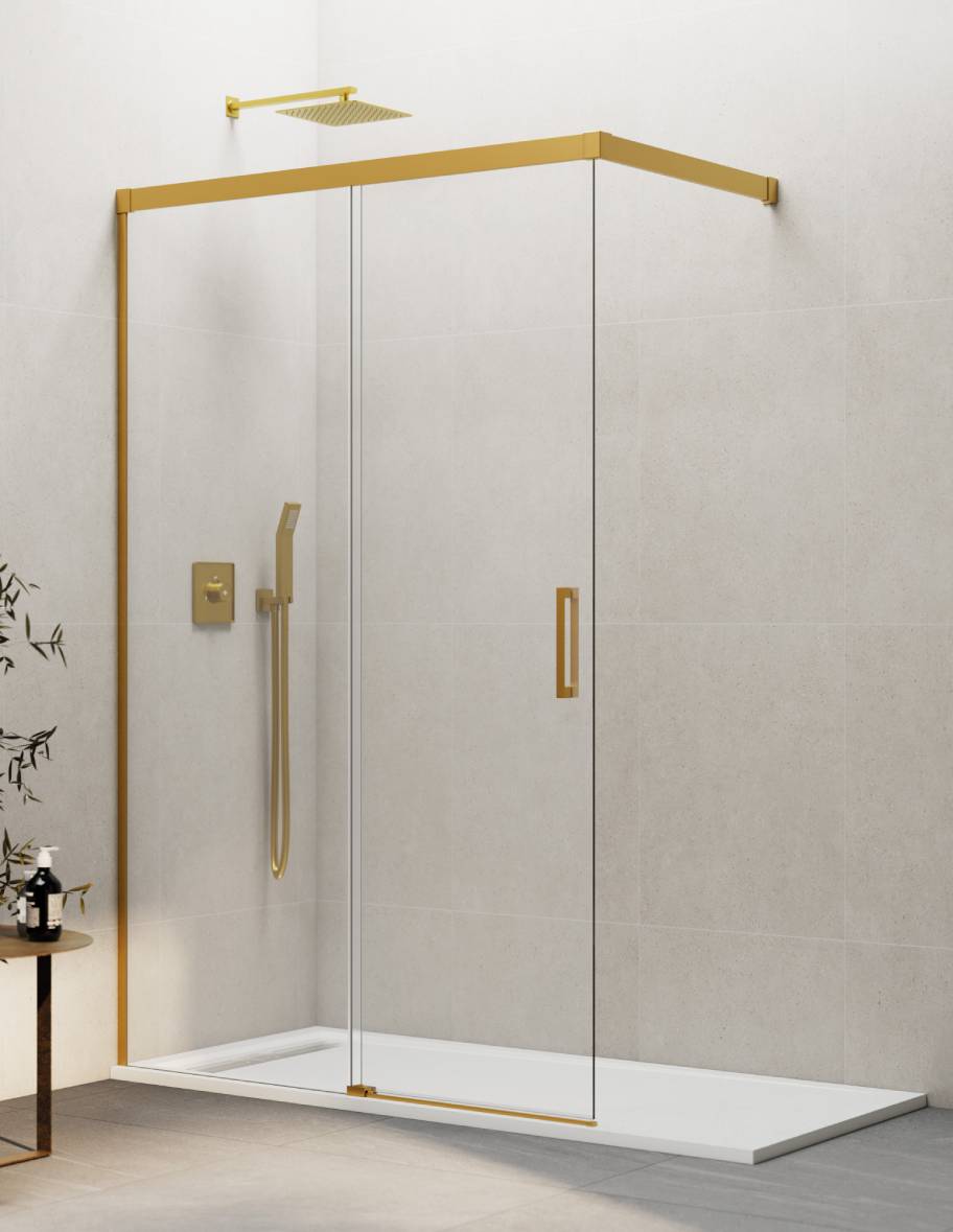 Mampara de ducha Walk-in 1+1 THALASSA (BASIC) disponible en Oro, Cromo, Negro, Blanco, Niquel, Cromo, Cobre, Titanio y Cromo transparente y serigrafía.
