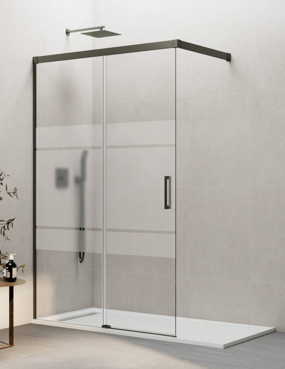 Mampara de ducha Walk-in 1+1 THALASSA (BASIC) disponible en Oro, Cromo, Negro, Blanco, Niquel, Cromo, Cobre, Titanio y Cromo transparente y serigrafía.