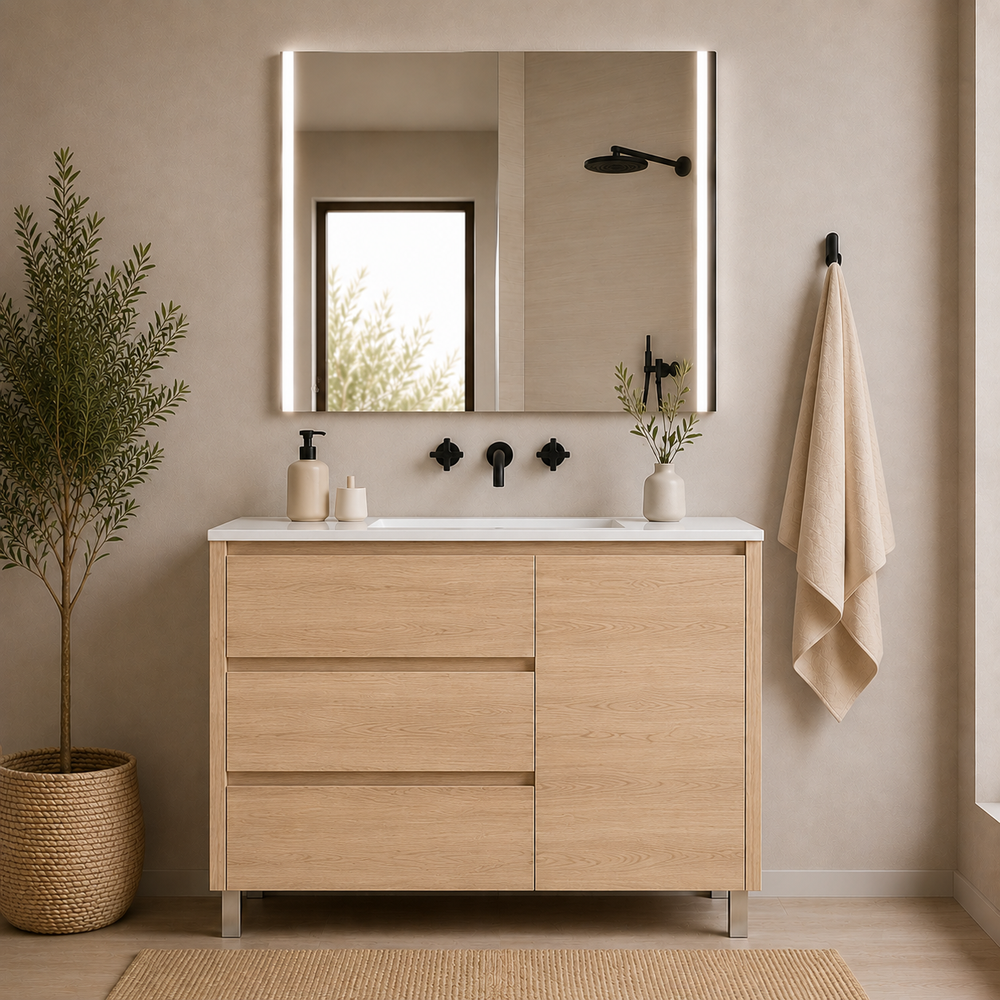 OFERTA Pack c/ espejo LED Megan y mueble c/lavabo color estepa VOLUM