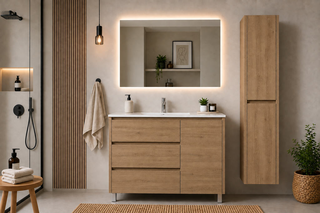 Kit mueble de baño VOLUM con lavabo + espejo LED + columna 140 cm + grifo monomando – Estepa – 80/100/120 cm