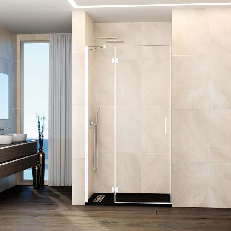 Mampara frontal abatible fijo+puerta c/cierre a imán GLASS - Blanco