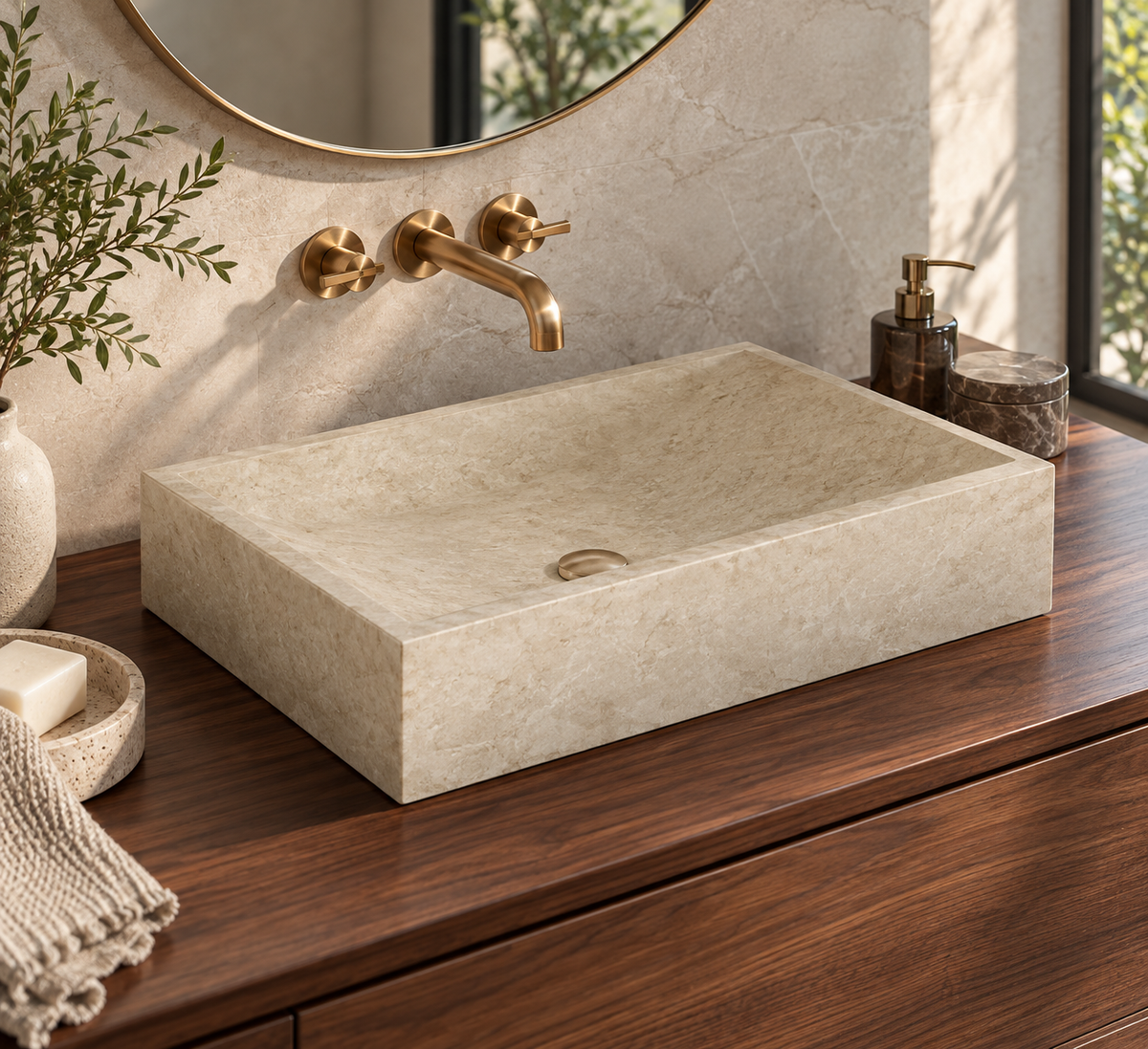Lavabo DANA de mármol beige natural sobre encimera