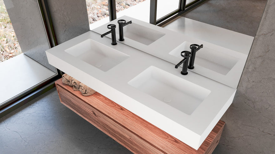 LEX encimera Solid Surface con 2 lavabos y faldón hasta 12 cm