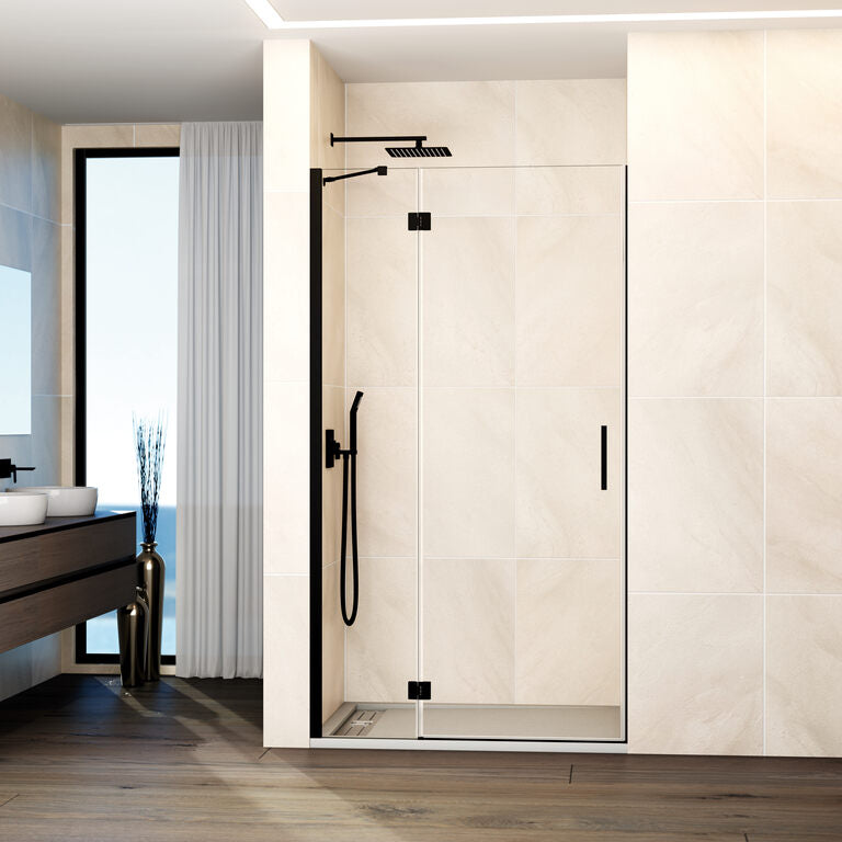 Mampara frontal abatible fijo+puerta c/cierre a imán GLASS - Negro