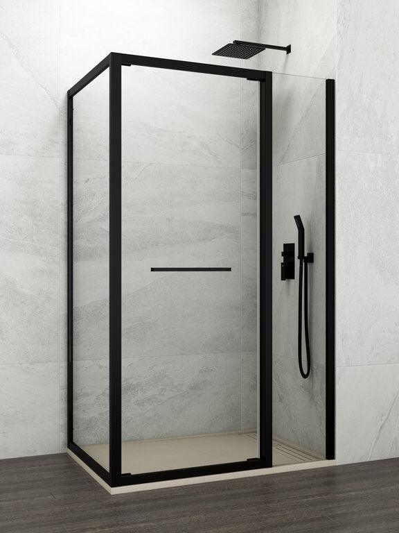 Mampara angular puerta abatible + fijo + lateral fijo SPAZIO