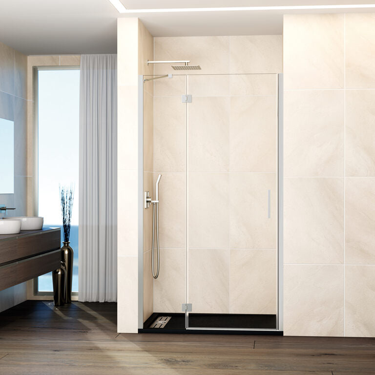 Mampara frontal abatible fijo+puerta c/cierre perfil GLASS - Níquel