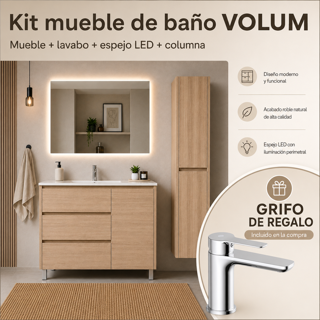 Kit mueble de baño VOLUM con lavabo + espejo LED + columna 140 cm + grifo monomando – Estepa – 80/100/120 cm