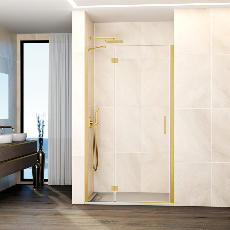 Mampara frontal abatible fijo+puerta c/cierre perfil GLASS - Oro