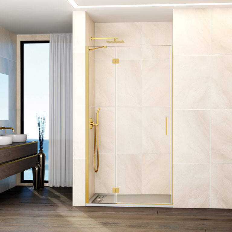 Mampara frontal abatible fijo+puerta c/cierre a imán GLASS - Oro
